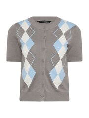 PixieGirl Petite Grey Argyle Short Sleeve Cardigan - Image 5 of 5