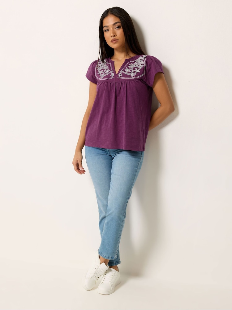 M&Co Purple Petite Embroidered Notch Neck Top - Image 2 of 5