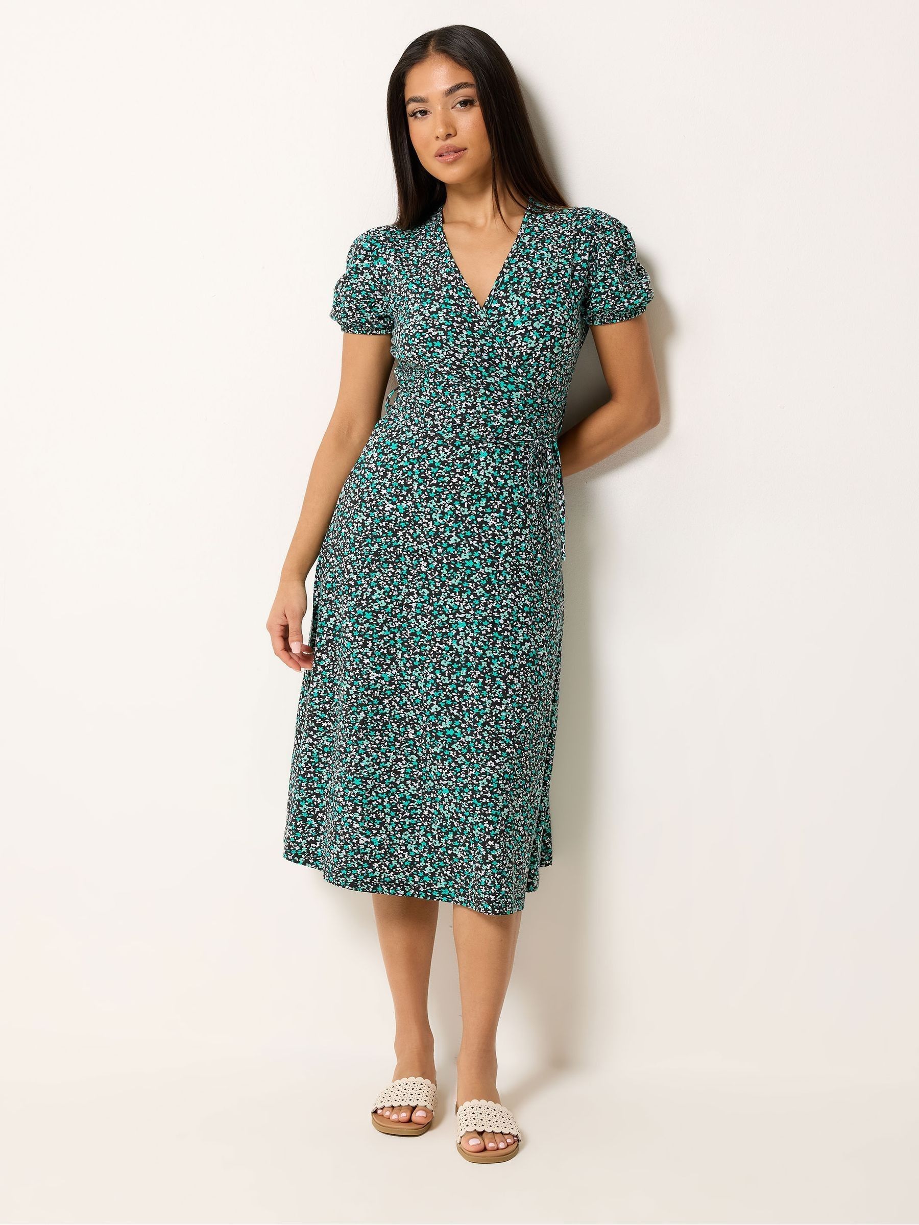 M & Co Women's Green Petite Floral Midi Wrap Dress