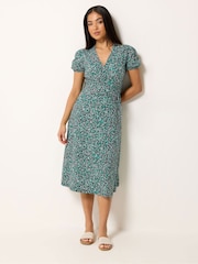 M&Co Green Petite Floral Midi Wrap Dress - Image 1 of 5