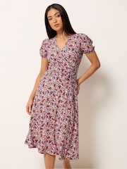 M&Co Purple Petite Floral Midi Wrap Dress - Image 1 of 5