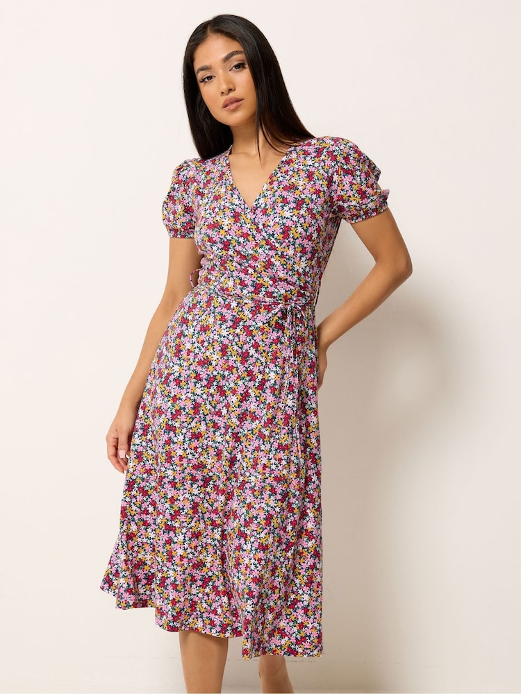 M&Co Purple Petite Floral Midi Wrap Dress - Image 1 of 5