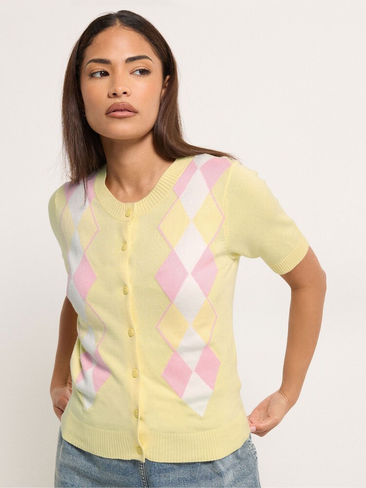 PixieGirl Petite Yellow Argyle Short Sleeve Cardigan - Image 1 of 5