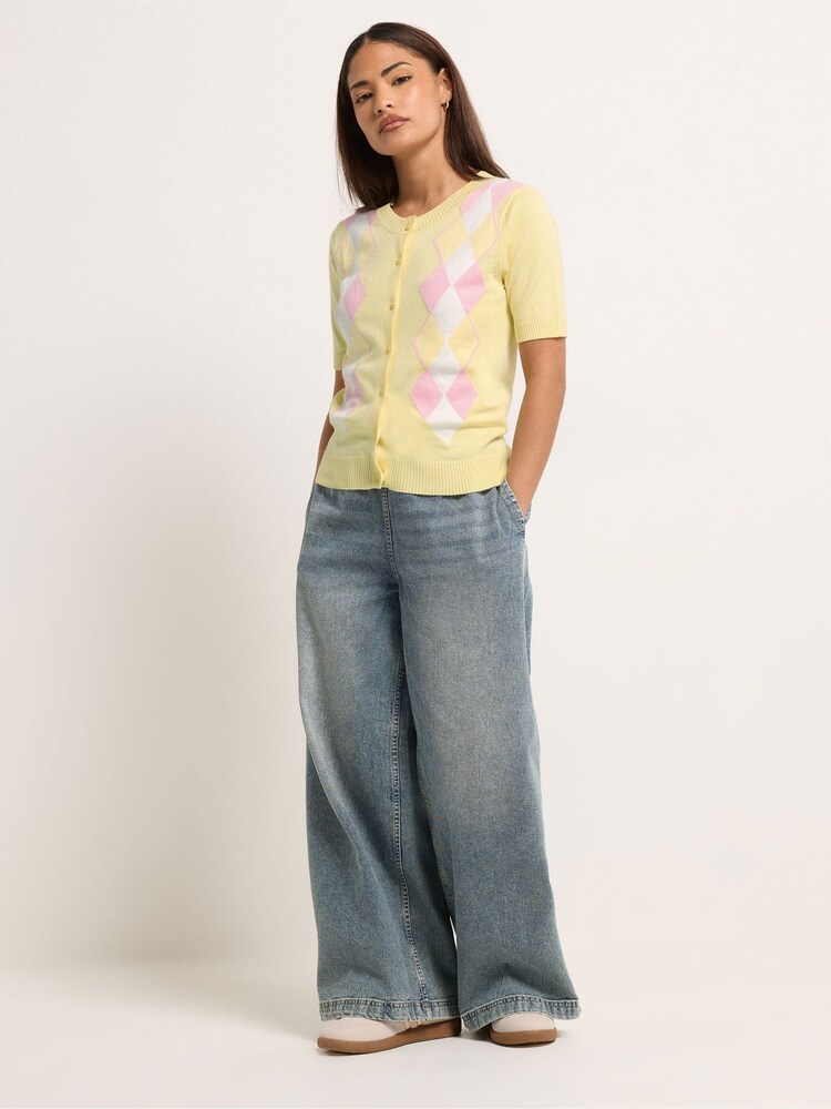 PixieGirl Petite Yellow Argyle Short Sleeve Cardigan - Image 2 of 5