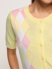 PixieGirl Petite Yellow Argyle Short Sleeve Cardigan - Image 4 of 5