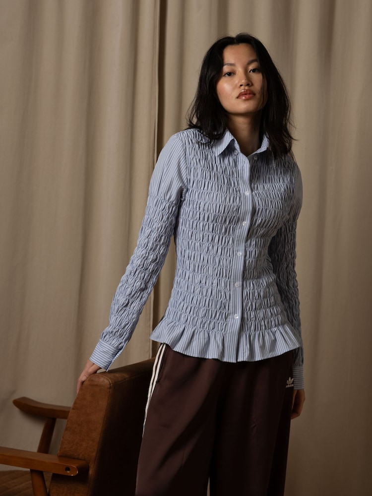 Amy Lynn Blue Olivia Smocked Cotton Shirt - Image 1 of 11