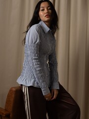 Amy Lynn Blue Olivia Smocked Cotton Shirt - Image 2 of 11