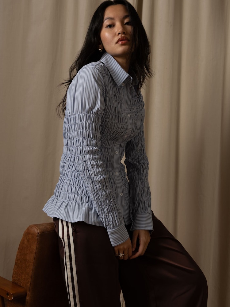 Amy Lynn Blue Olivia Smocked Cotton Shirt - Image 2 of 11