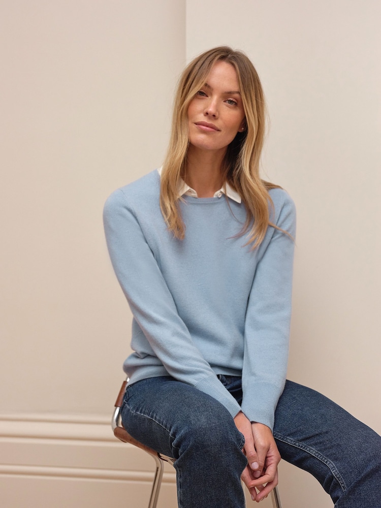 Pure Collection Blue Cashmere Crew Neck Jumper - Image 1 of 3 Pure Collection Blue Cashmere Crew Neck Jumper - Image 1 of 3