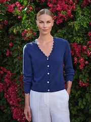 Pure Collection Blue Cashmere Scallop V-Neck Cardigan - Image 1 of 3