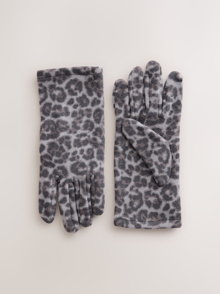 Grey Leopard Print Fleece Gloves - Image 1 of 3