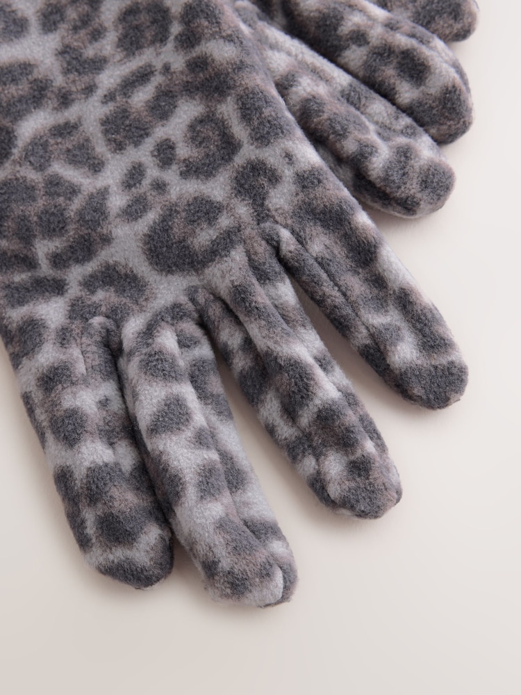 Grey Leopard Print Fleece Gloves - Image 2 of 3