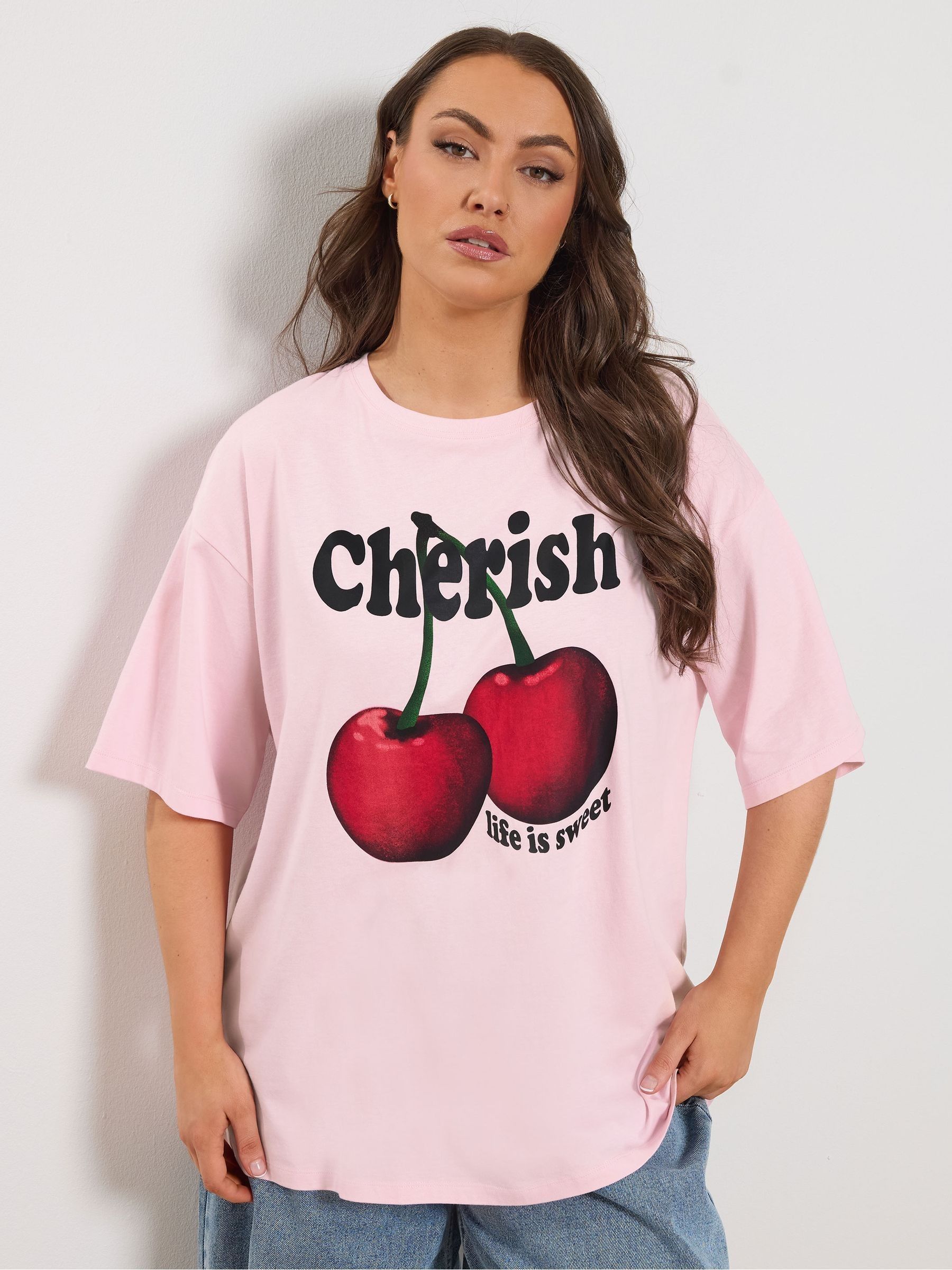 Buy Yours Curve Pink Cherish' Cherry Slogan T-Shirt from Next USA