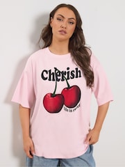 Yours Curve Pink Cherish' Cherry Slogan T-Shirt - Image 1 of 5
