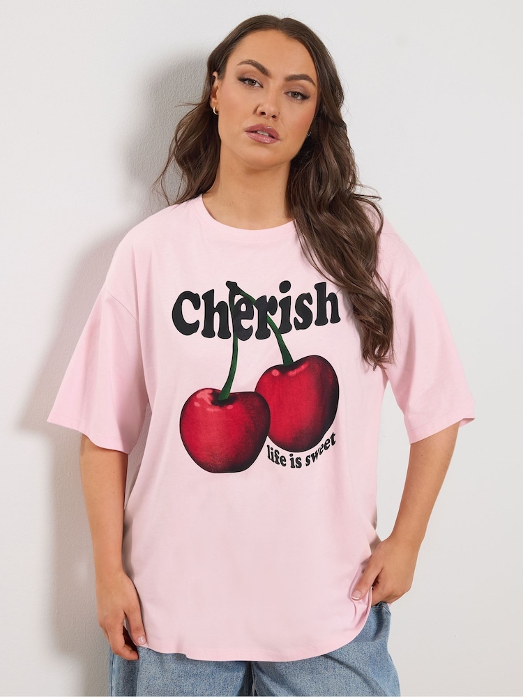 Yours Curve Pink Cherish' Cherry Slogan T-Shirt - Image 1 of 5