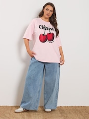 Yours Curve Pink Cherish' Cherry Slogan T-Shirt - Image 2 of 5