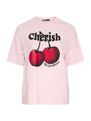 Yours Curve Pink Cherish' Cherry Slogan T-Shirt - Image 5 of 5