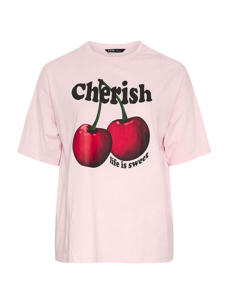 Yours Curve Pink Cherish' Cherry Slogan T-Shirt - Image 5 of 5