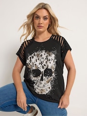 Yours Curve Black Placement Laser Cut T-Shirt - Image 1 of 6