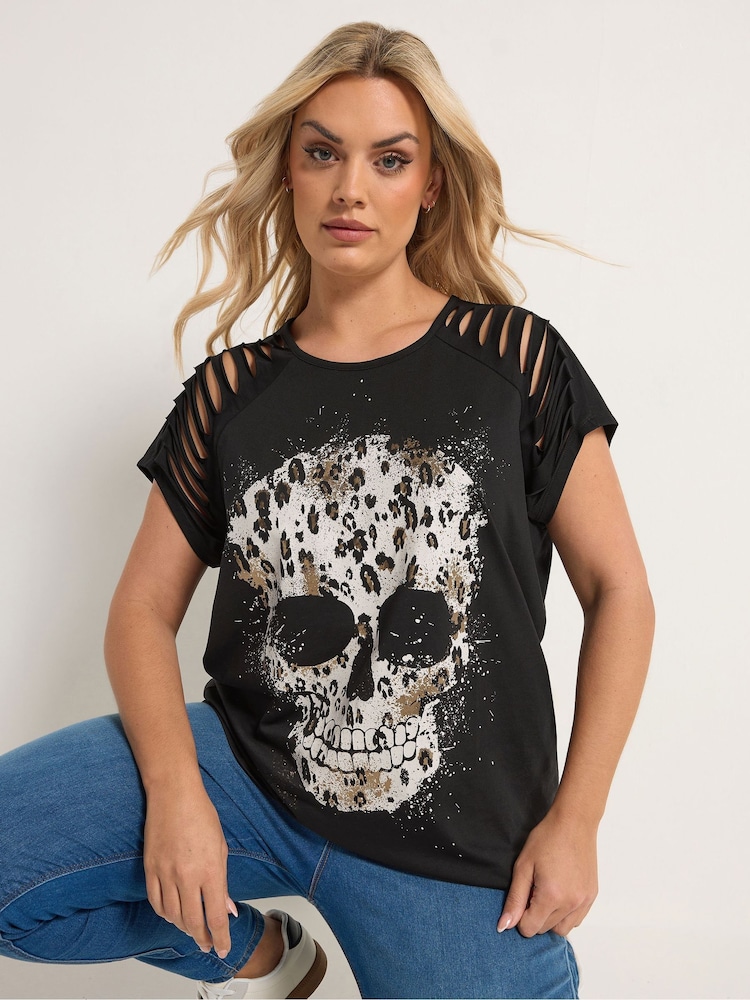 Yours Curve Black Placement Laser Cut T-Shirt - Image 1 of 6