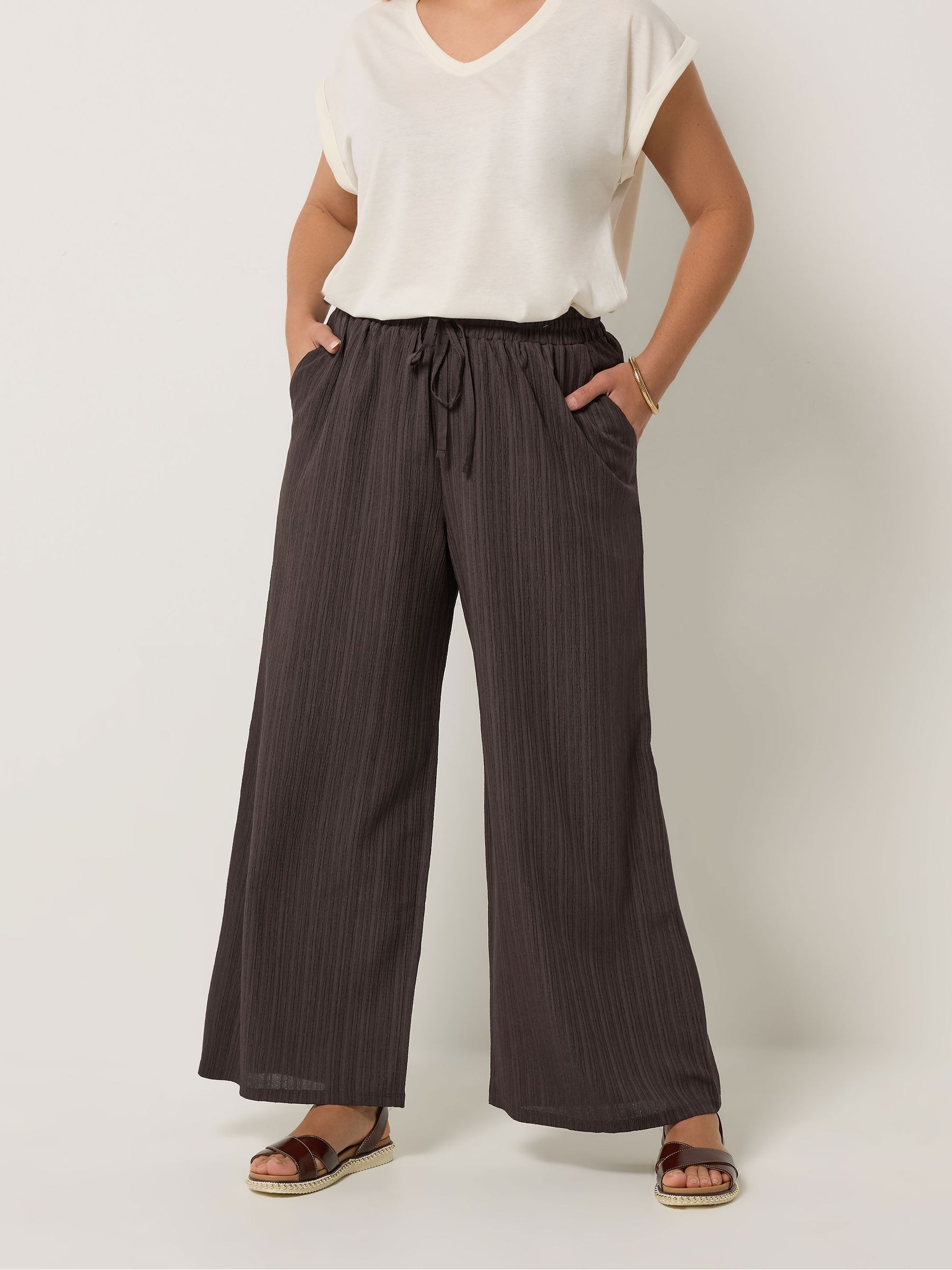 Yours Curve Women's Brown Textured Woven Wide Leg Trousers
