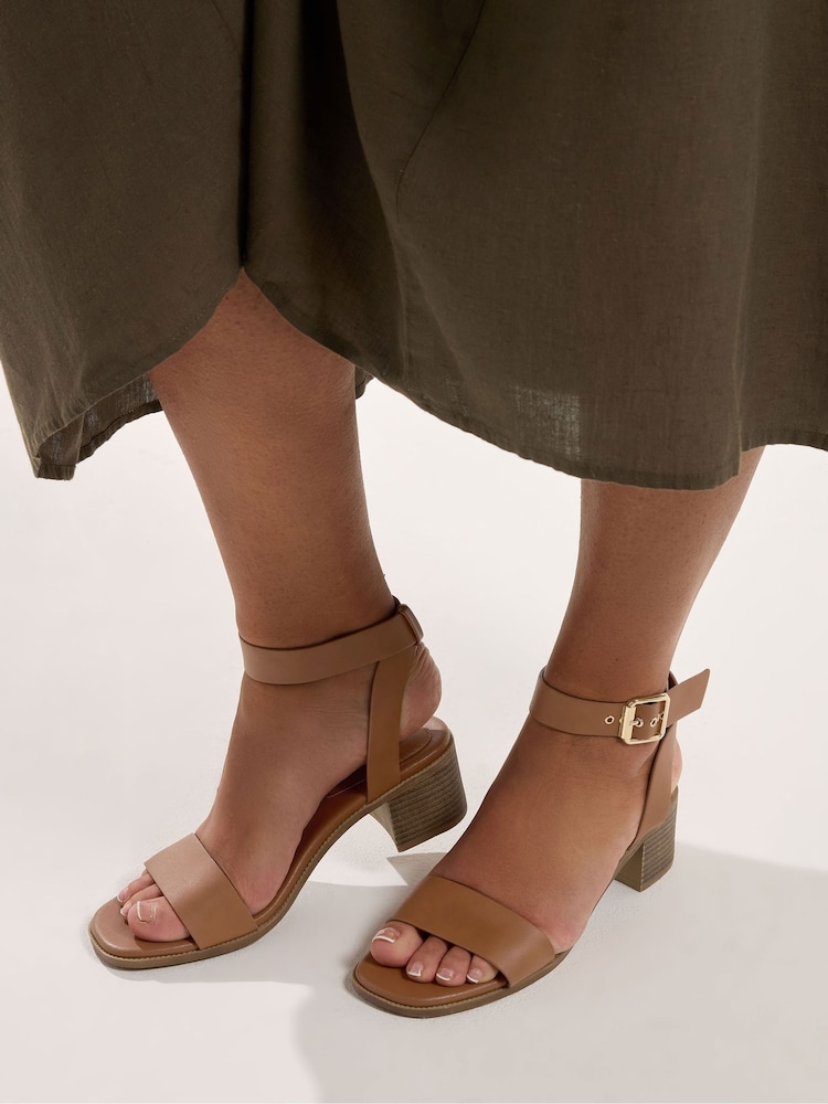 Yours Curve Brown E Wide Fit Faux Leather Block Heel Sandals - Image 1 of 5