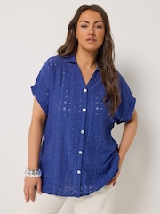 Yours Curve Blue Broderie Anglaise Grown On Sleeve Shirt - Image 1 of 5
