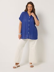 Yours Curve Blue Broderie Anglaise Grown On Sleeve Shirt - Image 2 of 5