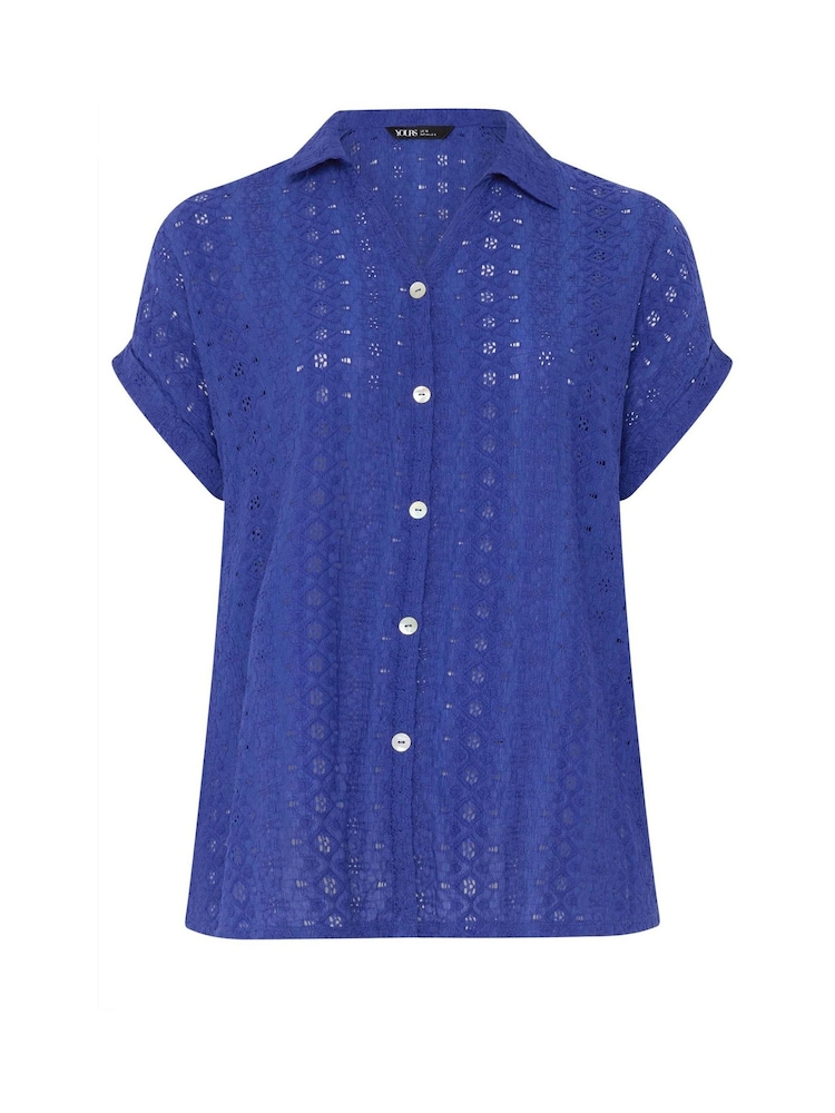 Yours Curve Blue Broderie Anglaise Grown On Sleeve Shirt - Image 5 of 5