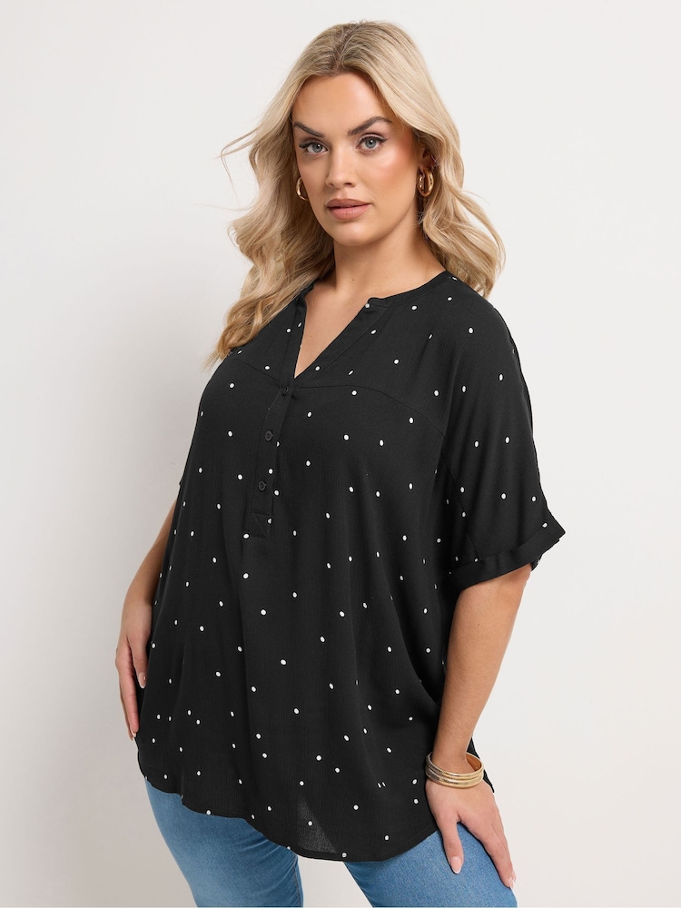 Yours Curve Black Crinkle Notch Neck Top - Image 1 of 5 Yours Curve Black Crinkle Notch Neck Top - Image 1 of 5