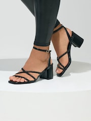 Yours Curve Black Extra Wide Fit EEE Diamante Asymmetric Block Sandals - Image 1 of 5