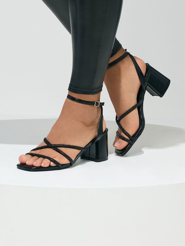 Yours Curve Black Extra Wide Fit EEE Diamante Asymmetric Block Sandals - Image 1 of 5