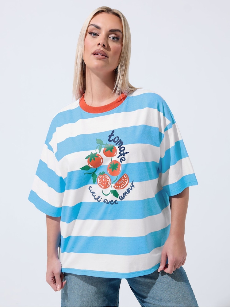 Yours Curve Blue Limited Stripe 'Tomate' Ringer T-Shirt - Image 1 of 5