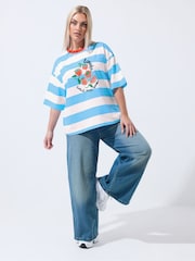 Yours Curve Blue Limited Stripe 'Tomate' Ringer T-Shirt - Image 2 of 5