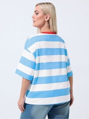 Yours Curve Blue Limited Stripe 'Tomate' Ringer T-Shirt - Image 3 of 5
