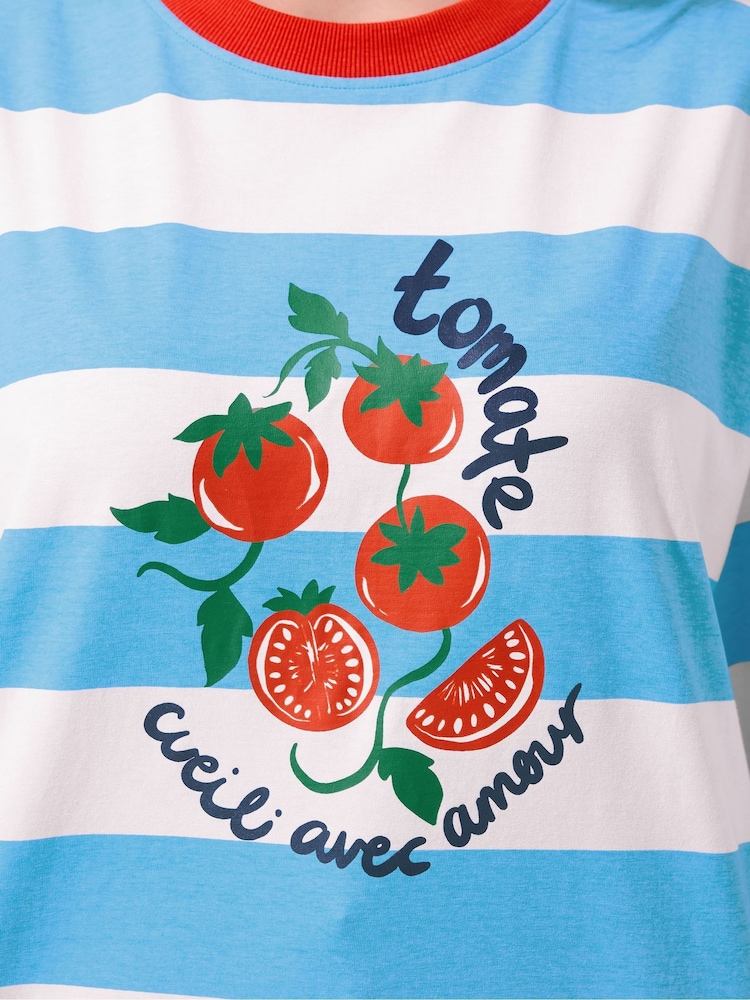 Yours Curve Blue Limited Stripe 'Tomate' Ringer T-Shirt - Image 5 of 5