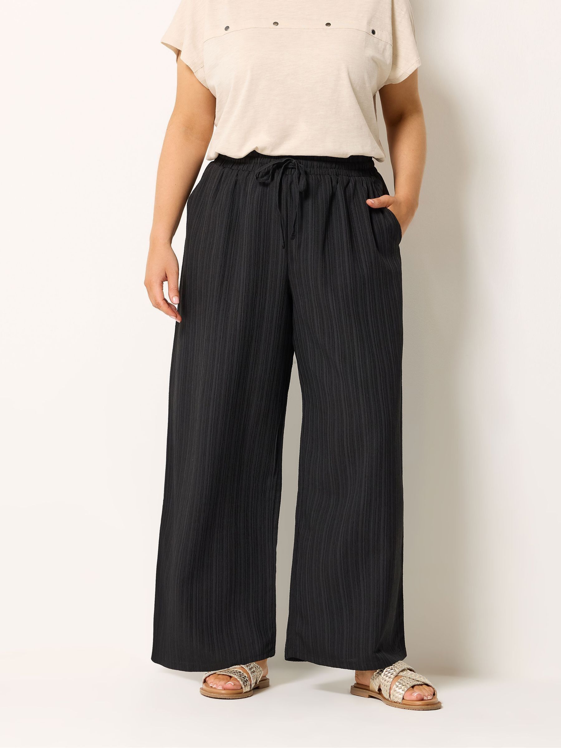 Yours Curve Women's Black Textured Woven Wide Leg Trousers