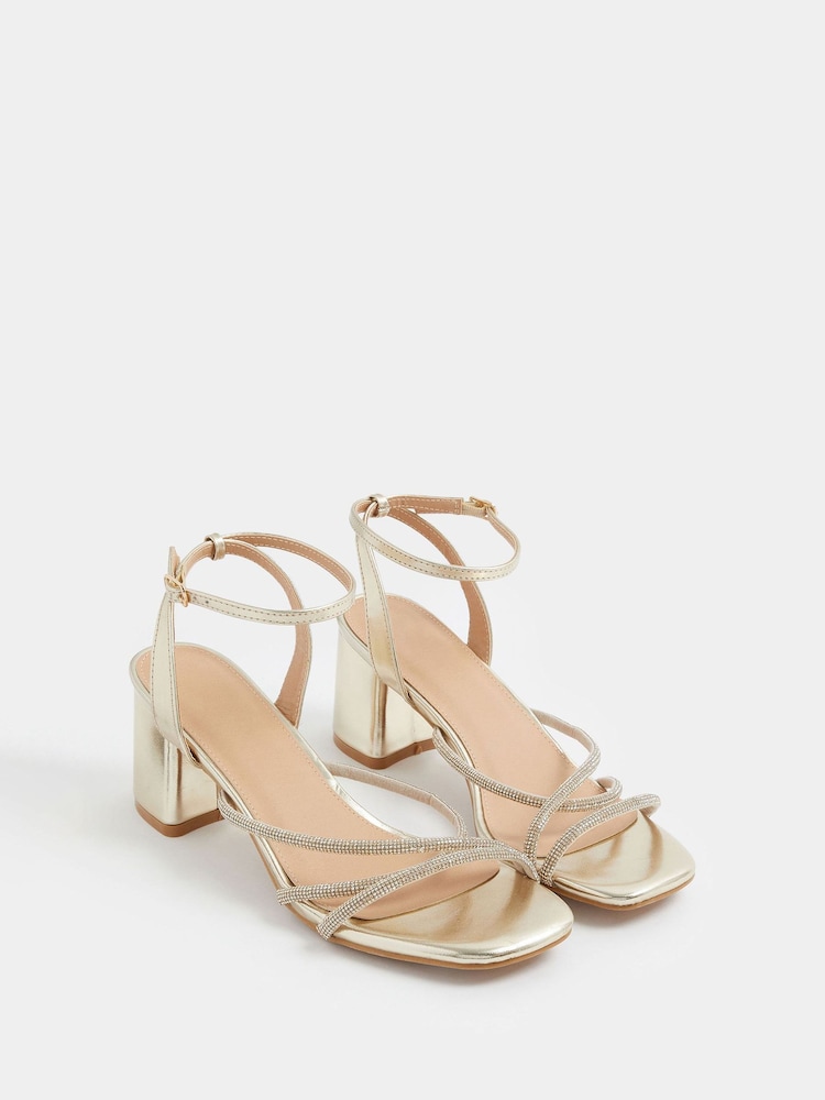 Yours Curve Gold Extra Wide Fit EEE Diamante Asymmetric Block Sandals - Image 2 of 5