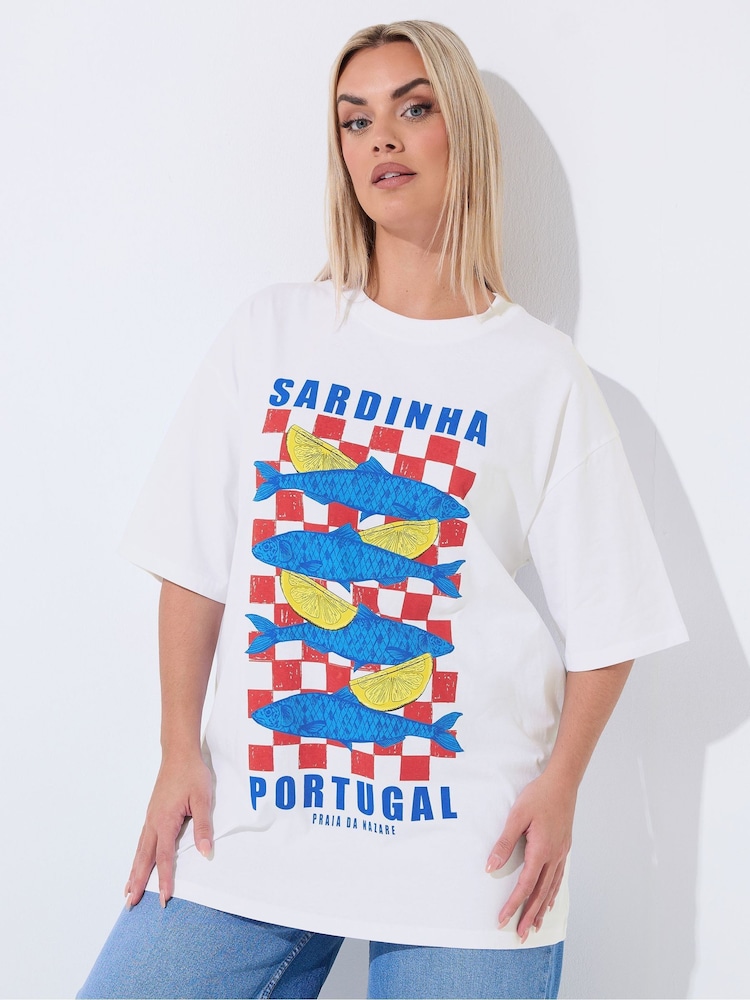 Yours Curve White Limited 'Sardinia' Fish Graphic T-Shirt - Image 1 of 4