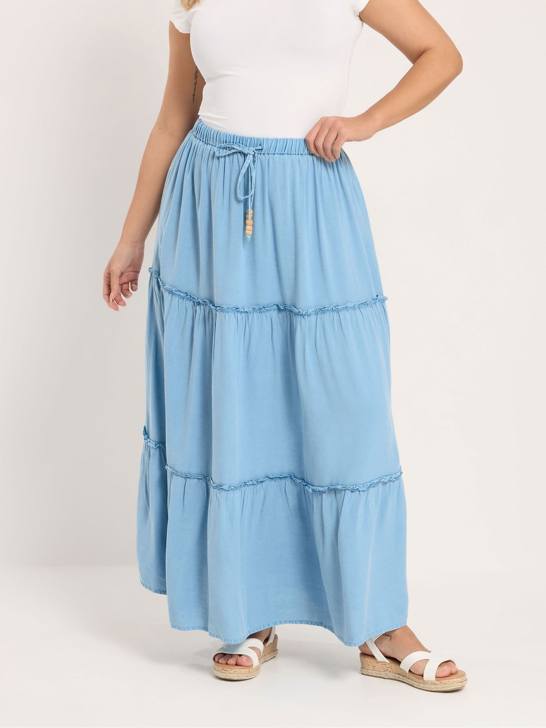 Yours Curve Women's Blue Tiered Maxi Skirt