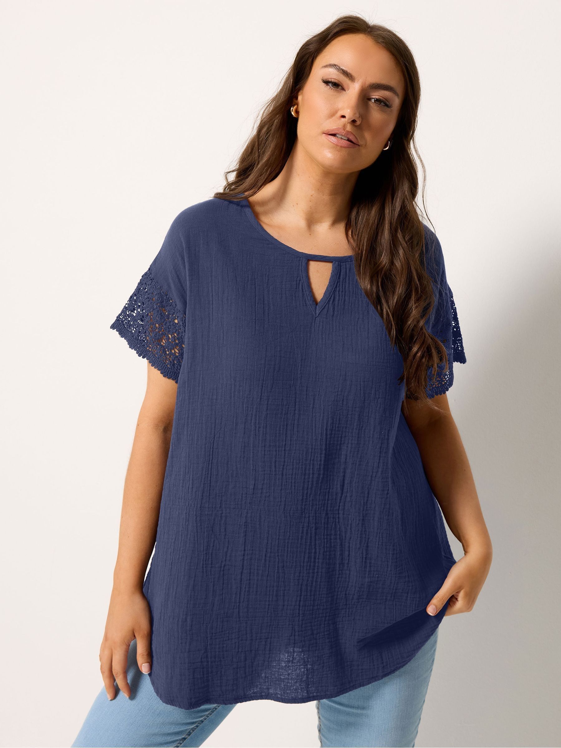 Yours Curve Women's Blue Cheesecloth Crochet Top