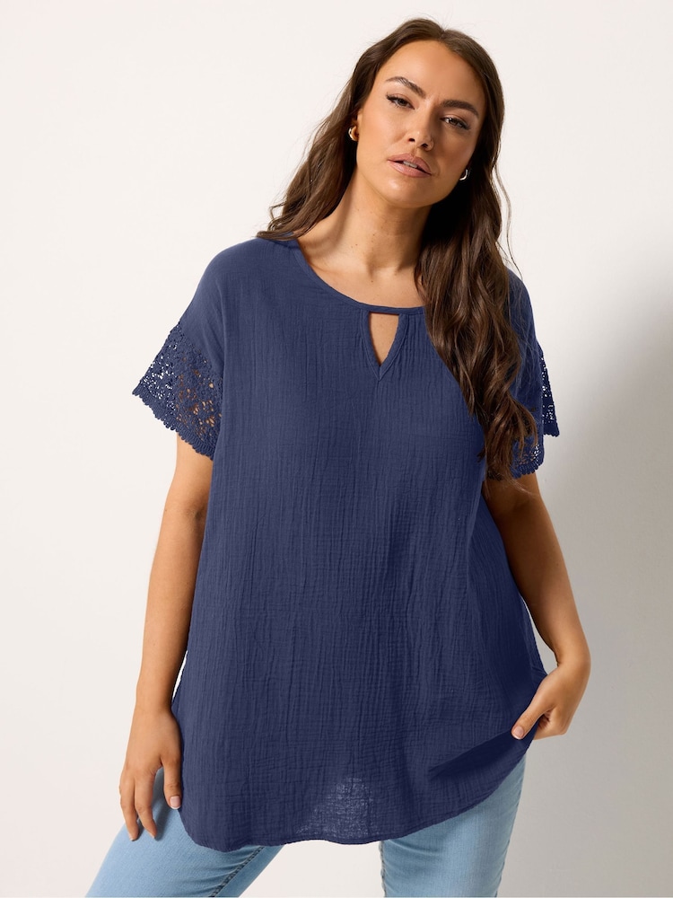 Yours Curve Blue Cheesecloth Crochet Top - Image 1 of 5 Yours Curve Blue Cheesecloth Crochet Top - Image 1 of 5
