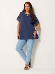 Yours Curve Blue Cheesecloth Crochet Top - Image 2 of 5