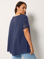 Yours Curve Blue Cheesecloth Crochet Top - Image 3 of 5