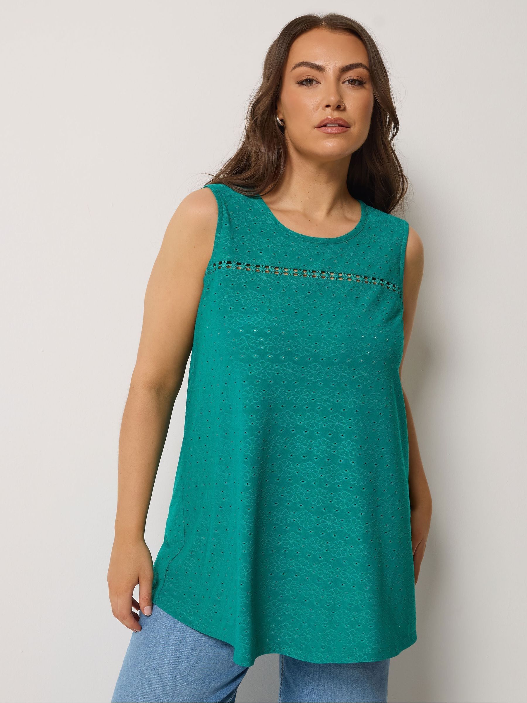 Yours Curve Women's Green Broderie Anglaise Sleeveless Vest Top