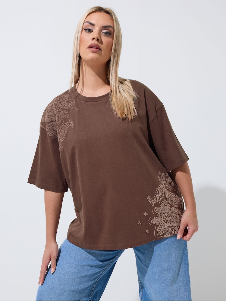 Yours Curve Brown Limited Floral Print T-Shirt - Image 1 of 5 Yours Curve Brown Limited Floral Print T-Shirt - Image 1 of 5