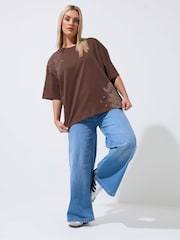 Yours Curve Brown Limited Floral Print T-Shirt - Image 2 of 5