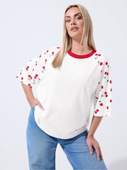 Yours Curve White Limited Cherry Print T-Shirt - Image 1 of 4
