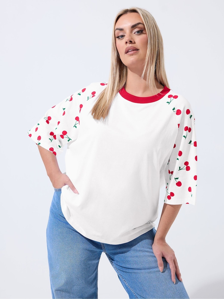 Yours Curve White Limited Cherry Print T-Shirt - Image 1 of 4