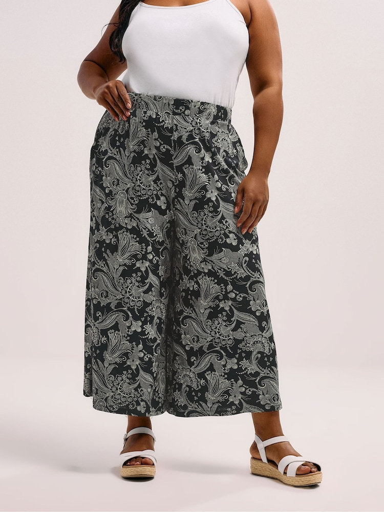Yours Curve Black Paisley Print Midaxi Culottes - Image 1 of 5